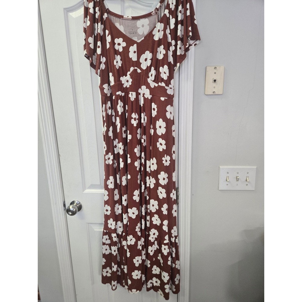 Torrid Maxi Jersey Flutter Sleeve Tiered Dress Kasey Daisy Brick Brown 2X 18-20